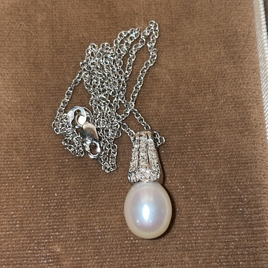 Solid Stamped 14k 585 White Gold Pearl Diamond Pendant Italy Chain Necklace